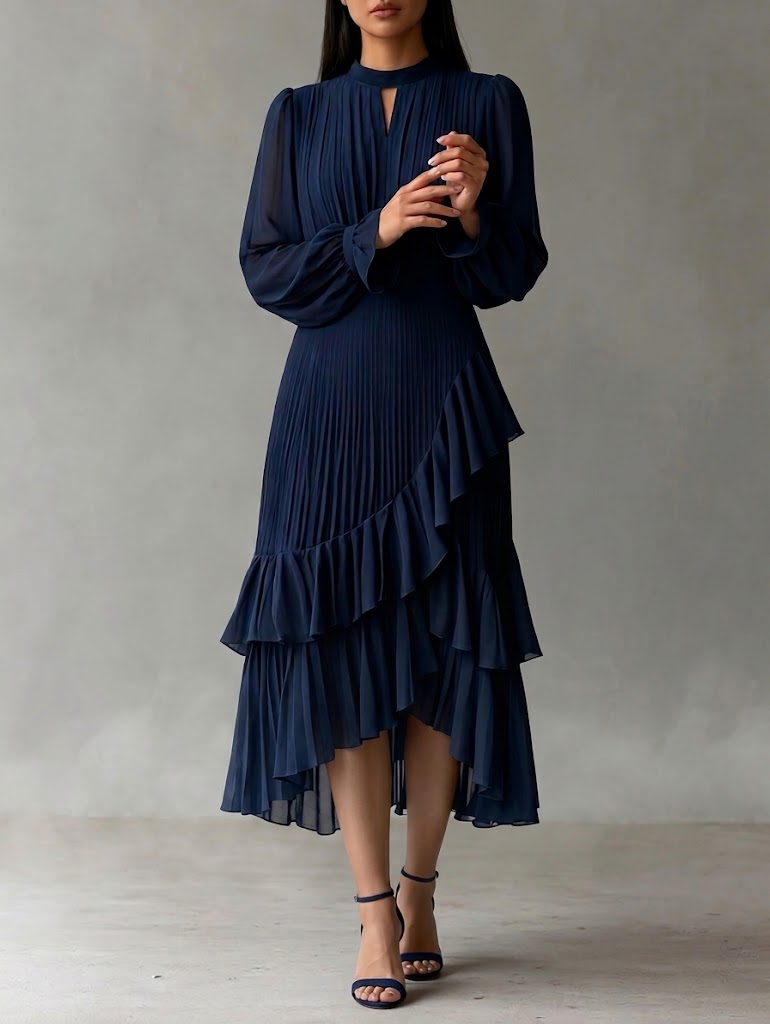 Elegante vestido midi plisado con volante
