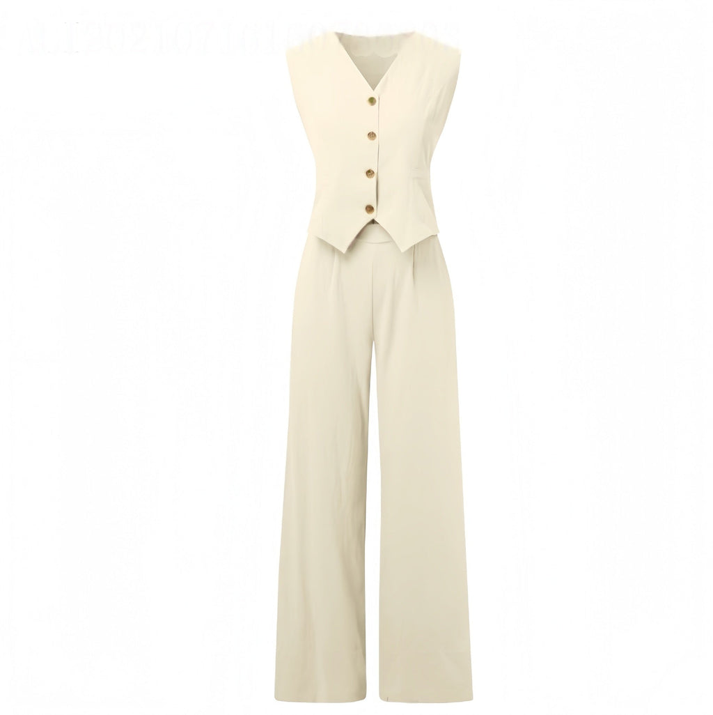 Conjunto de chaleco con cuello en V y pantalones rectos sueltos