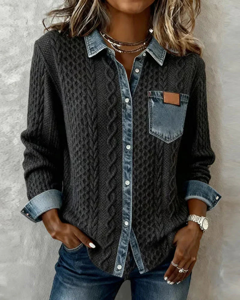 Eva - Camisa de manga larga con patchwork denim