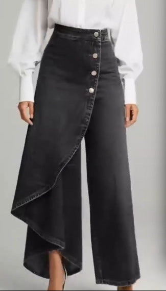 Pantalones únicos de moda con botones y volantes para mujer