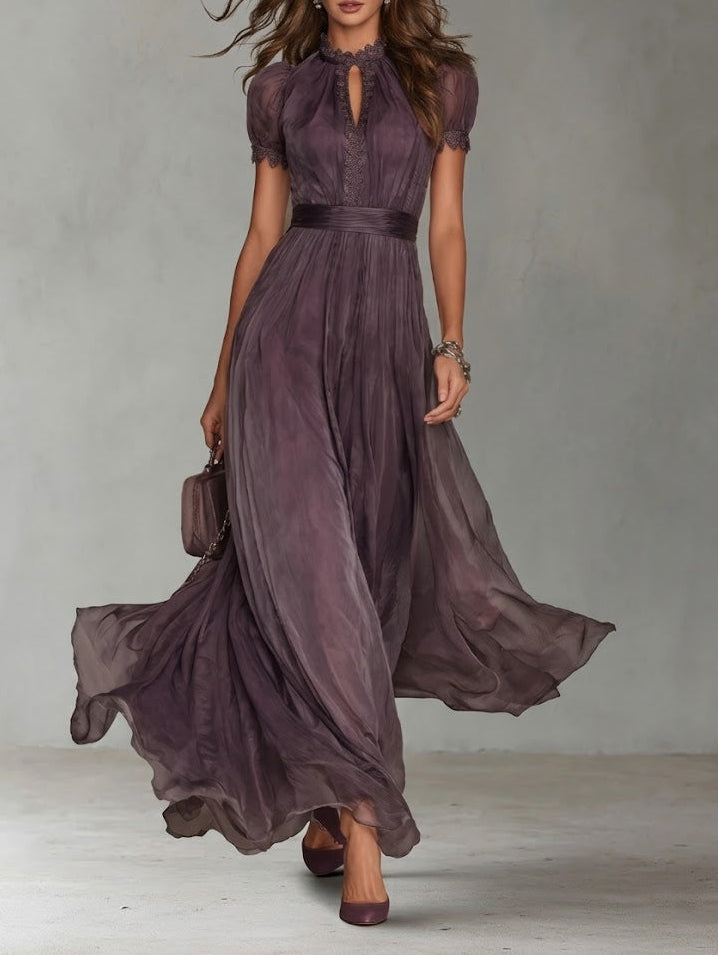 Flavia - Vestido largo violeta con escote en lágrima y borde de encaje de chiffón