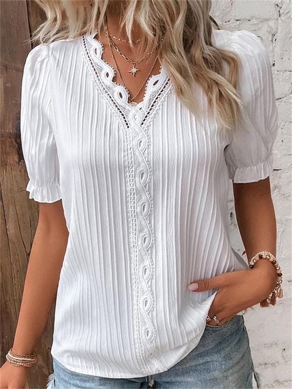 Pilar - Blusa plisada con encaje y manga abullonada