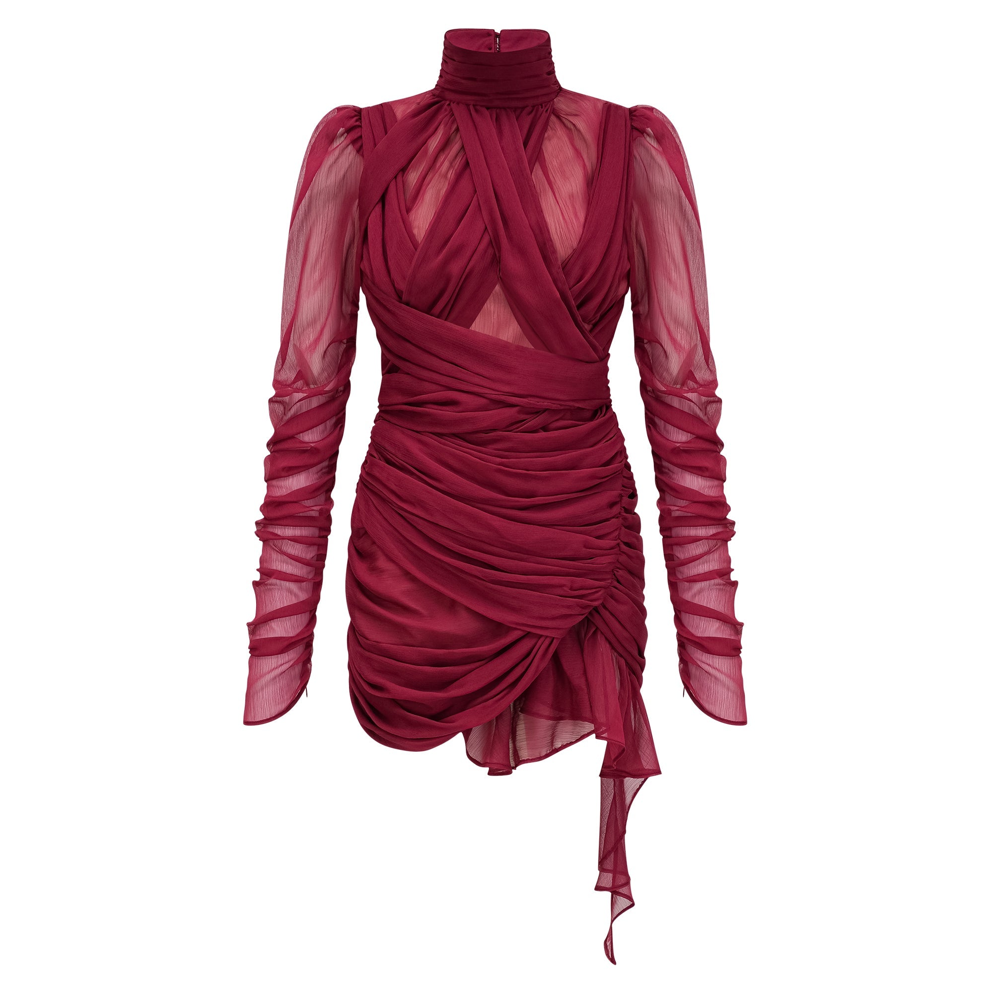 Vestido Mini Burdeos Asimétrico con Fruncidos
