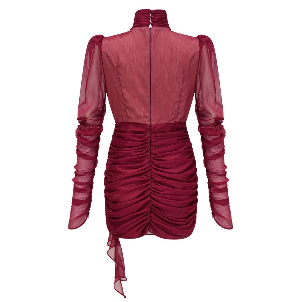 Vestido Mini Burdeos Asimétrico con Fruncidos