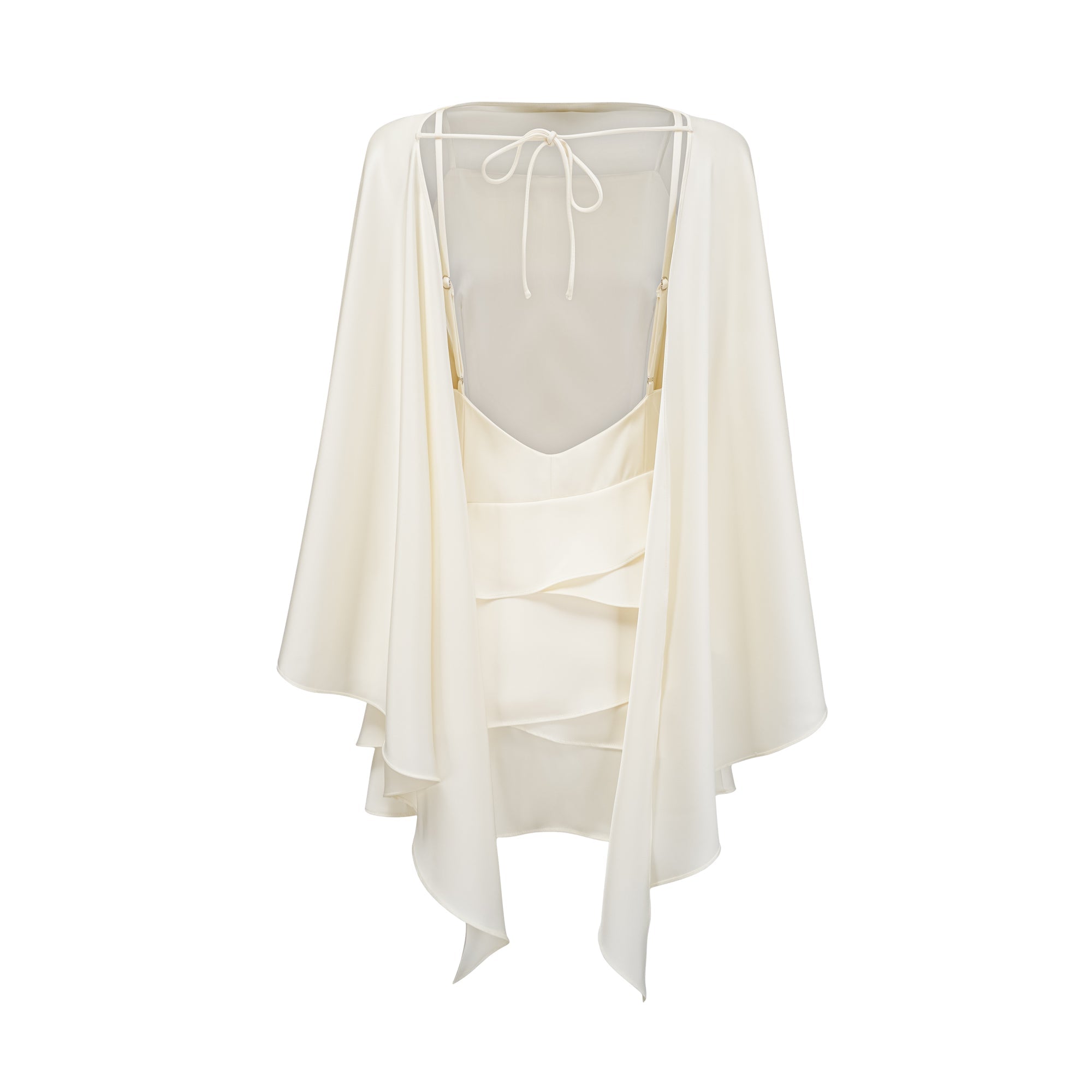 Vestido corto de satén blanco con volantes