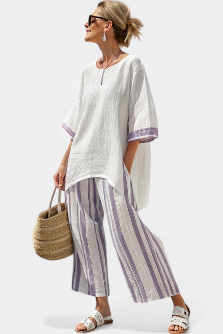Allegra — Camiseta cómoda y pantalones de bambú a rayas