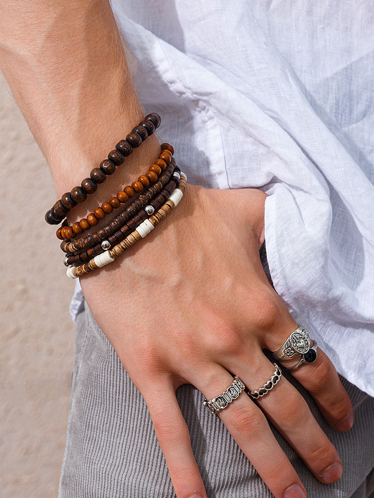 Set de 5 pulseras de madera retro