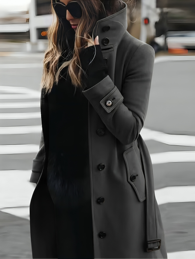 Abrigo tipo trench para mujer largo con cuello alto y cinturón