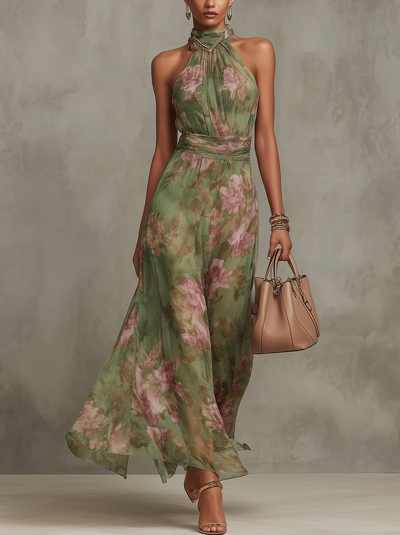 Serena ∙ Vestido largo verde con estampado de flores en chiffon y escote americano