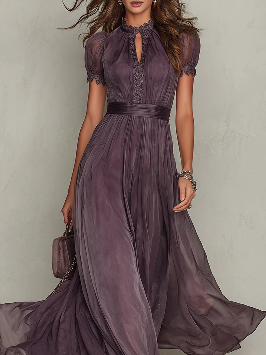 Flavia - Vestido largo violeta con escote en lágrima y borde de encaje de chiffón