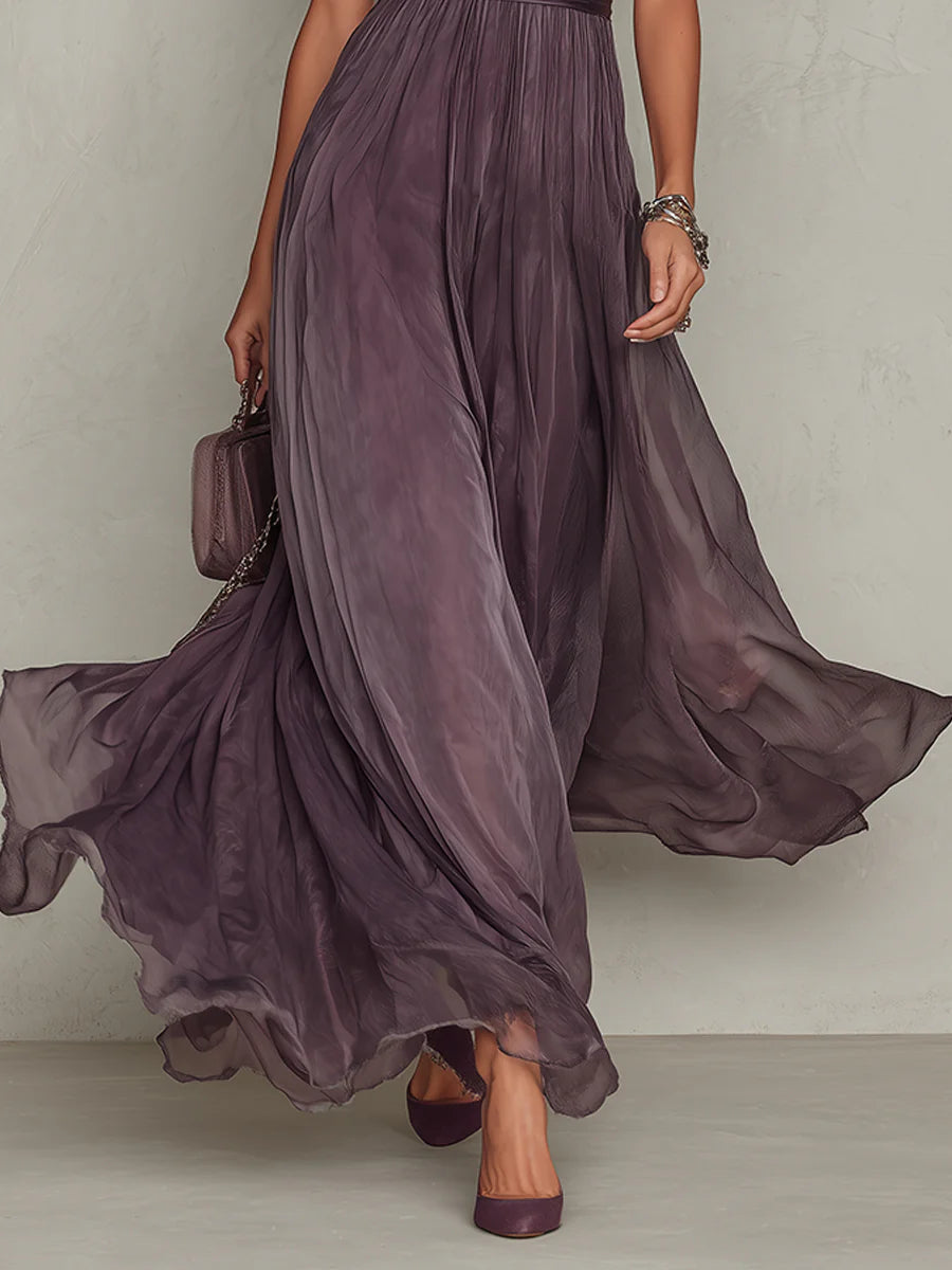 Flavia - Vestido largo violeta con escote en lágrima y borde de encaje de chiffón