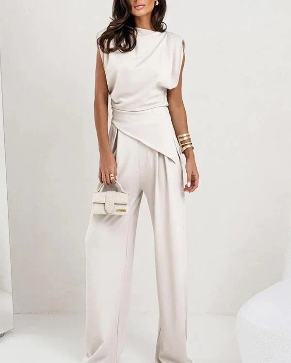 Victoria – Conjunto elegante de top irregular y pantalón de pierna ancha