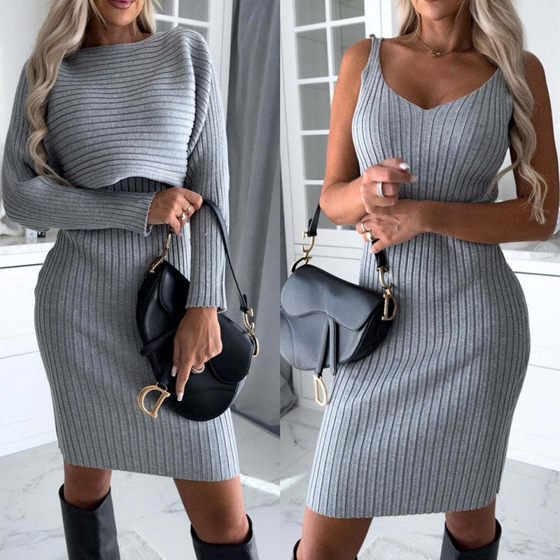Vestido de manga larga a rayas lisas y falda ajustada