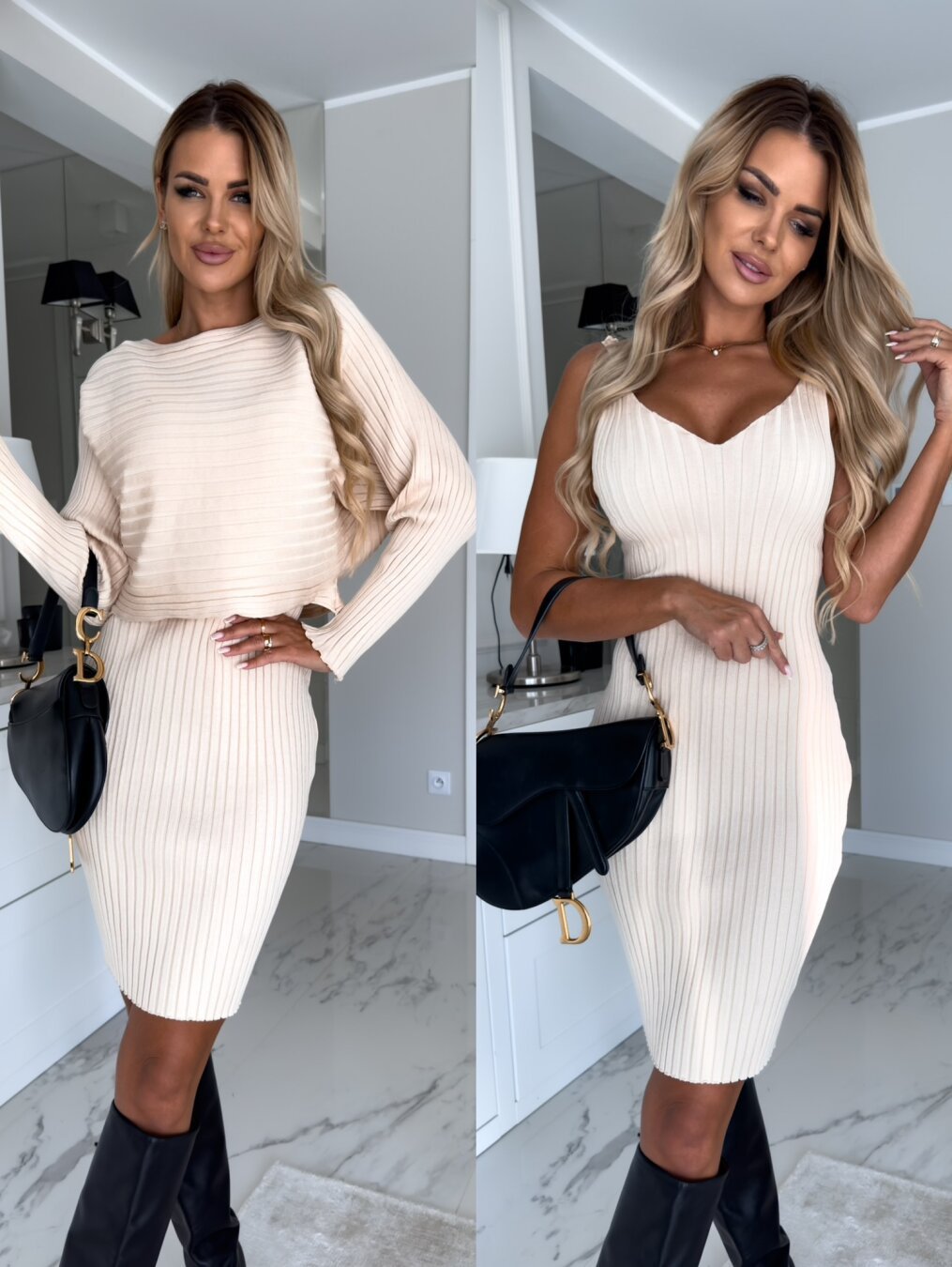 Vestido de manga larga a rayas lisas y falda ajustada