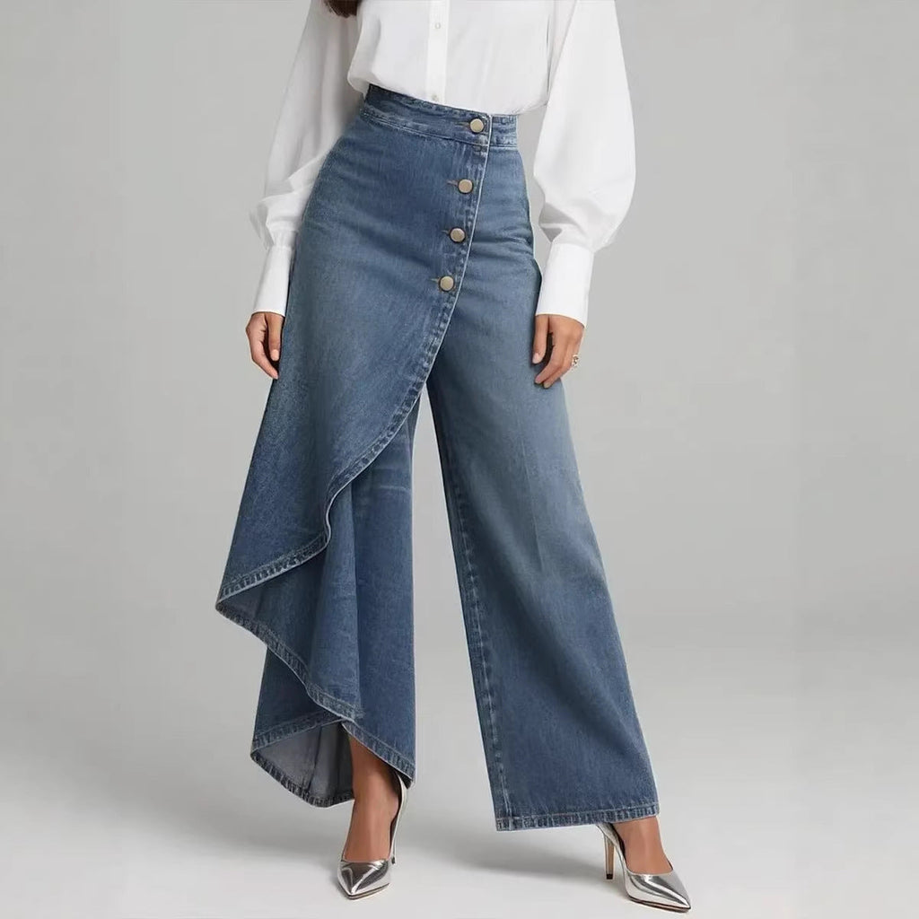 Pantalones únicos de moda con botones y volantes para mujer