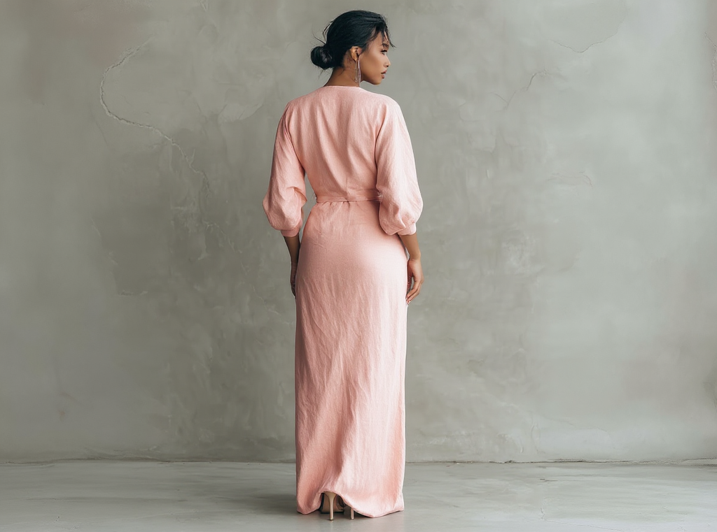 Vestido largo minimalista rosa con escote en V de mezcla de lino para mujer