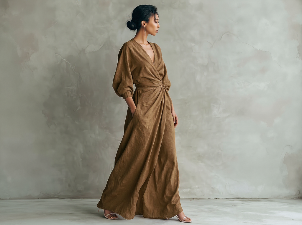 Vestido largo minimalista rosa con escote en V de mezcla de lino para mujer
