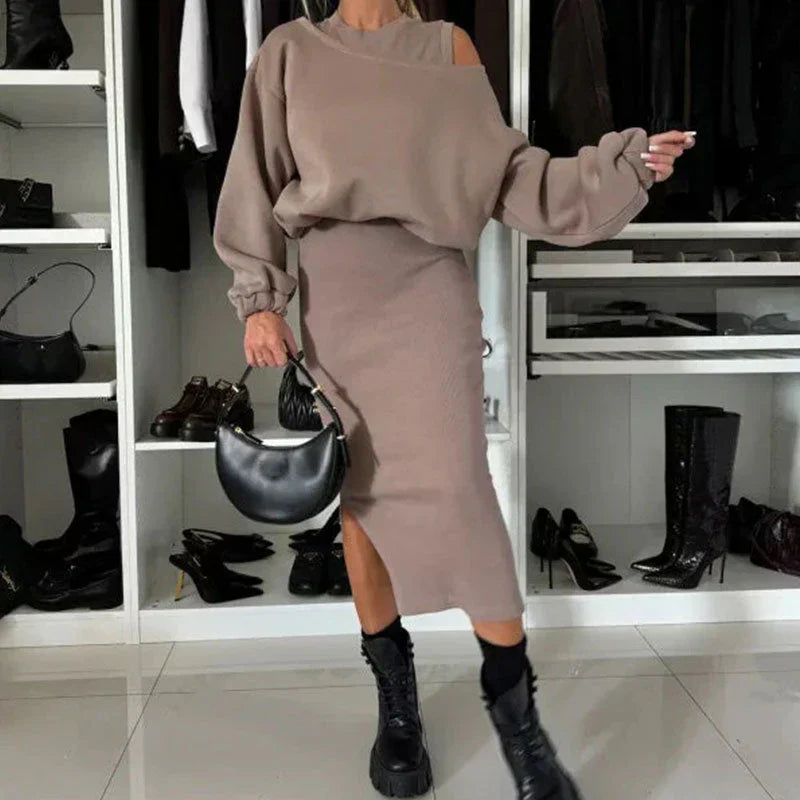 Livia - Conjunto de mujer con hombros caídos, sudadera y vestido sin mangas