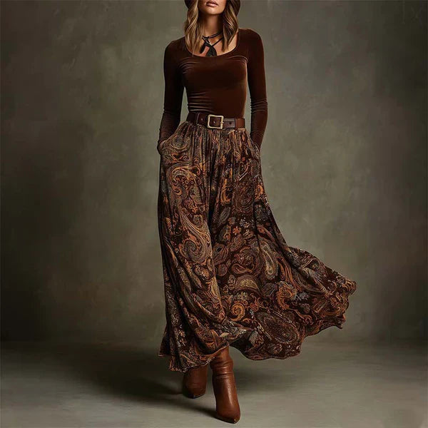 Raquel – Conjunto elegante de top y falda maxi estampada