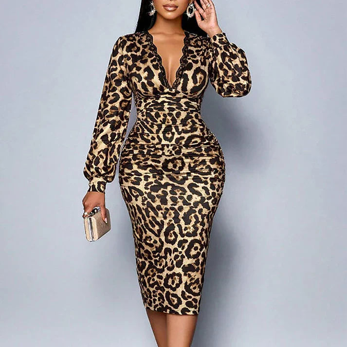 vestido midi animal print con escote en V