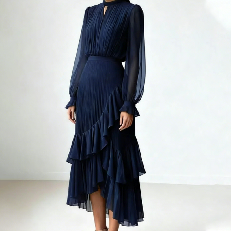 Elegante vestido midi plisado con volante