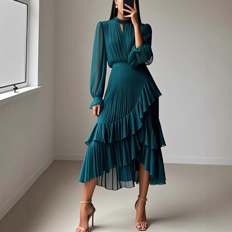 Elegante vestido midi plisado con volante